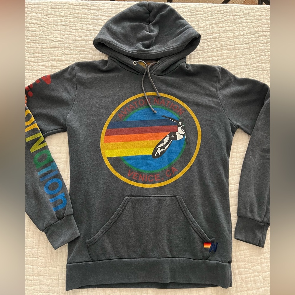 Aviator Nation Gray Hoodie with Rainbow Stripes